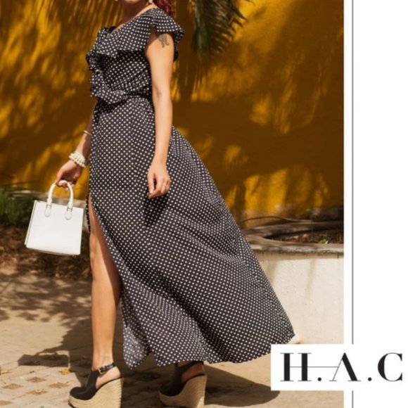 Black & White polka dot dress full length ruffles one shoulder prom dress - Picture 3 of 6